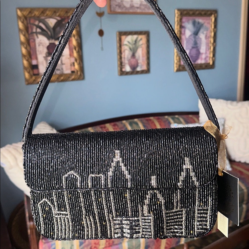 From India To You Black Beaded Bag New York Skyline NWT